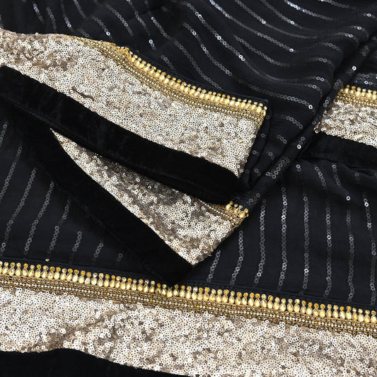 Indian Vintage Heavy Black Dupatta Pure Georgette Silk Long Stole Hand Embroidered Scarf Sequins