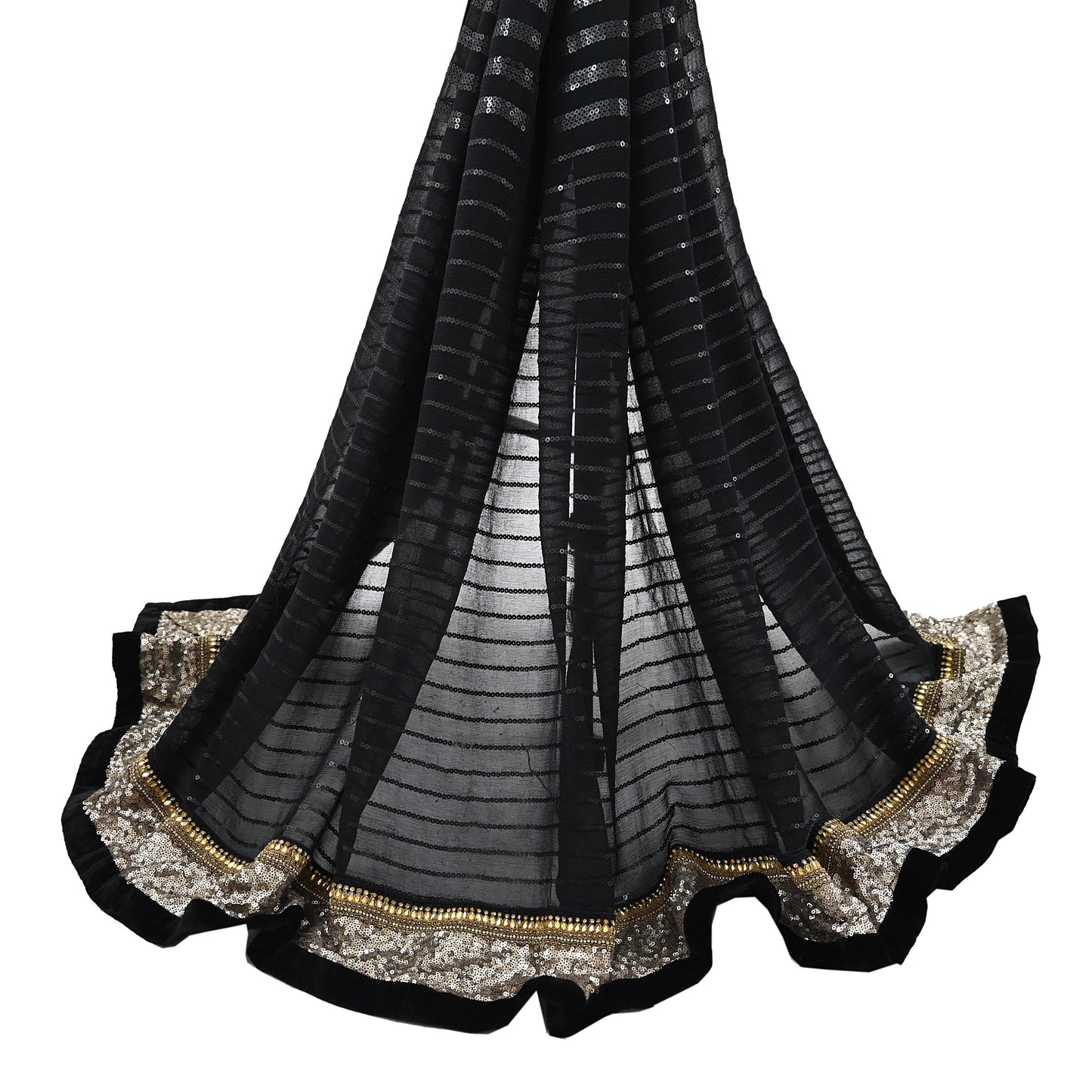 Indian Vintage Heavy Black Dupatta Pure Georgette Silk Long Stole Hand Embroidered Scarf Sequins