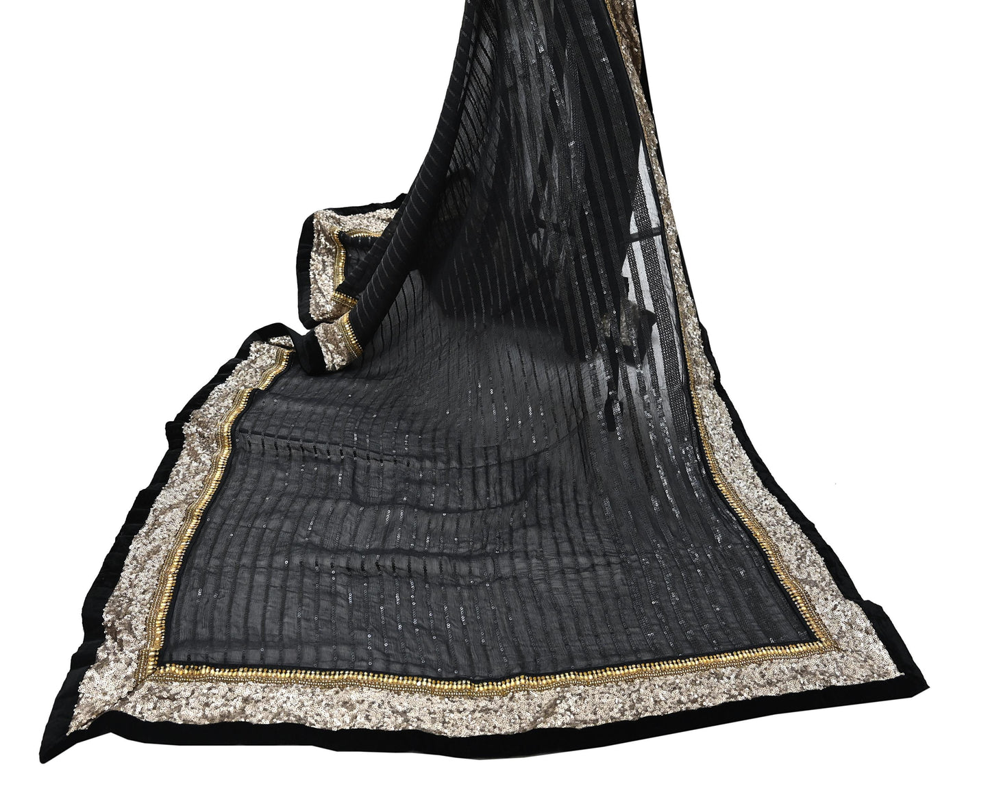 Indian Vintage Heavy Black Dupatta Pure Georgette Silk Long Stole Hand Embroidered Scarf Sequins