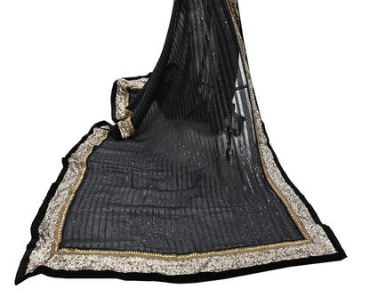 Indian Vintage Heavy Black Dupatta Pure Georgette Silk Long Stole Hand Embroidered Scarf Sequins