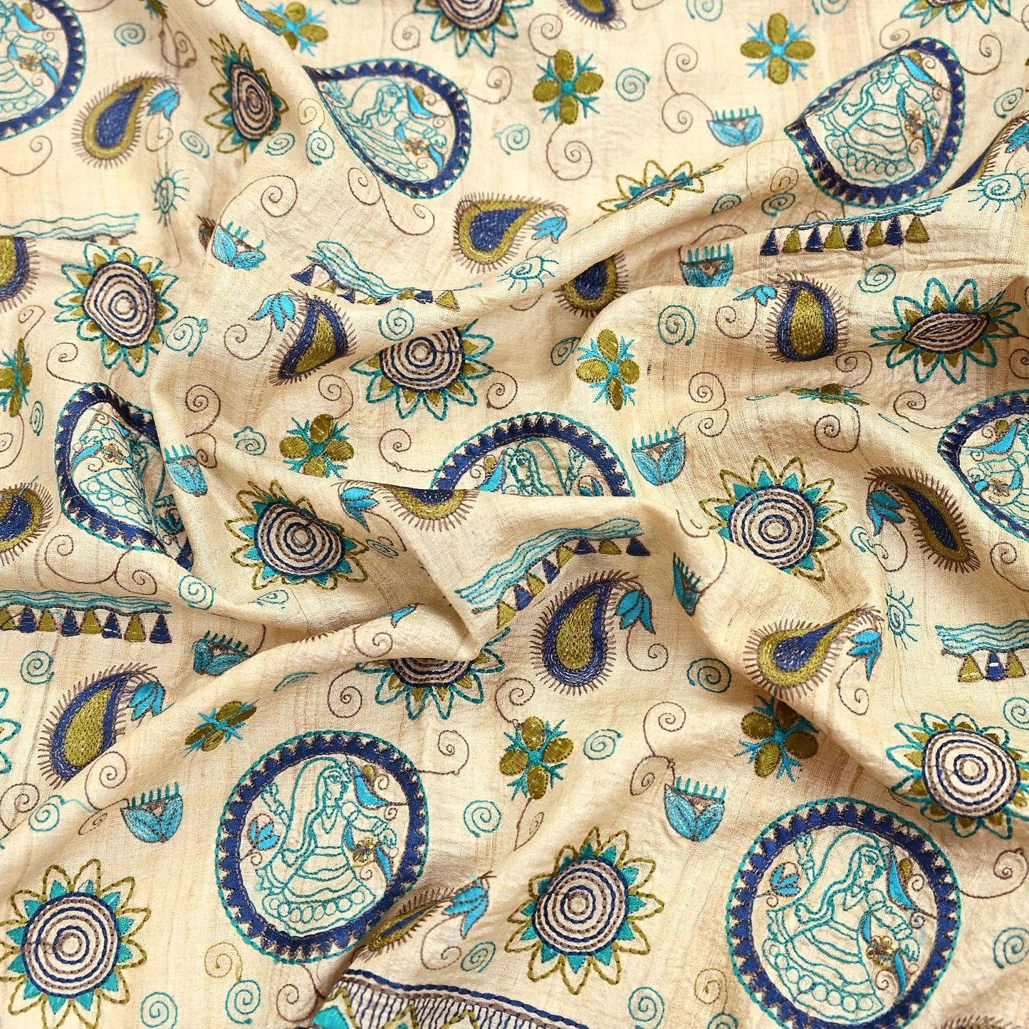 Indian Vintage Beige Dupatta Pure Khadi silk Long Stole Hand Embroidered Scarves Floral Design Stole Veil Wrap