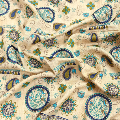 Indian Vintage Beige Dupatta Pure Khadi silk Long Stole Hand Embroidered Scarves Floral Design Stole Veil Wrap