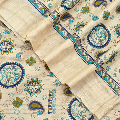 Indian Vintage Beige Dupatta Pure Khadi silk Long Stole Hand Embroidered Scarves Floral Design Stole Veil Wrap