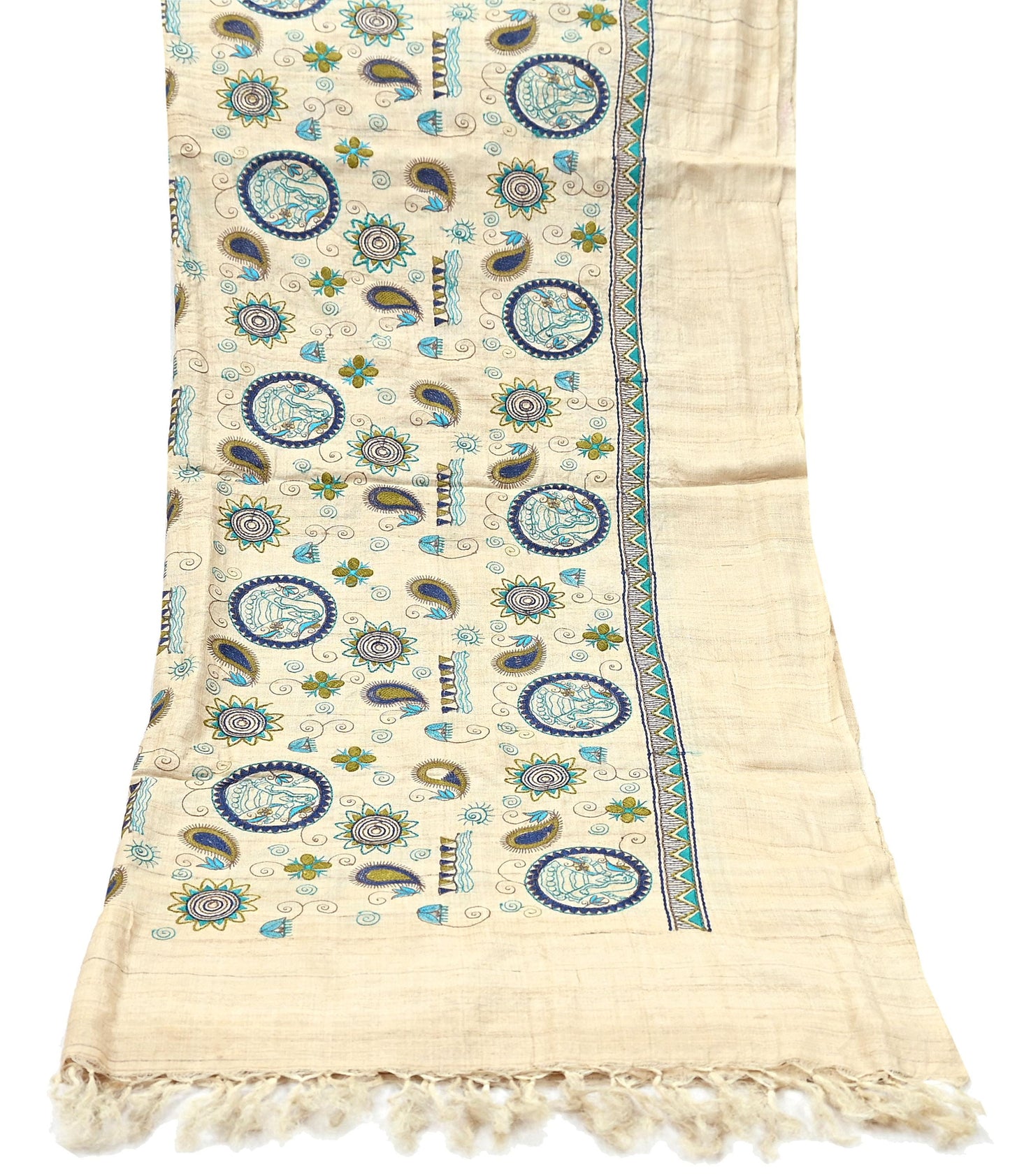 Indian Vintage Beige Dupatta Pure Khadi silk Long Stole Hand Embroidered Scarves Floral Design Stole Veil Wrap