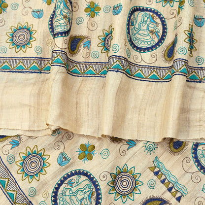 Indian Vintage Beige Dupatta Pure Khadi silk Long Stole Hand Embroidered Scarves Floral Design Stole Veil Wrap