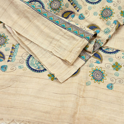 Indian Vintage Beige Dupatta Pure Khadi silk Long Stole Hand Embroidered Scarves Floral Design Stole Veil Wrap