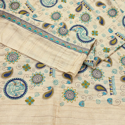 Indian Vintage Beige Dupatta Pure Khadi silk Long Stole Hand Embroidered Scarves Floral Design Stole Veil Wrap