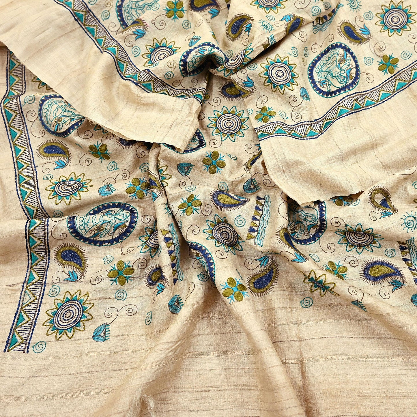 Indian Vintage Beige Dupatta Pure Khadi silk Long Stole Hand Embroidered Scarves Floral Design Stole Veil Wrap