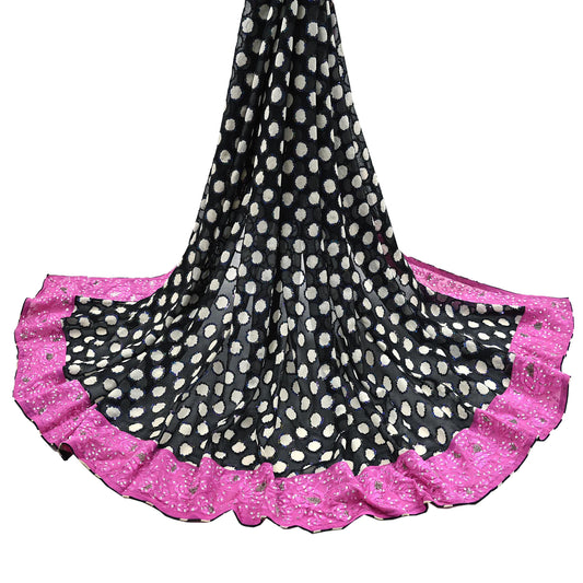 Indian Vintage Black Dupatta Pure Georgette silk Long Stole Hand Embroidered Scarves Stole Veil Wrap Sequins