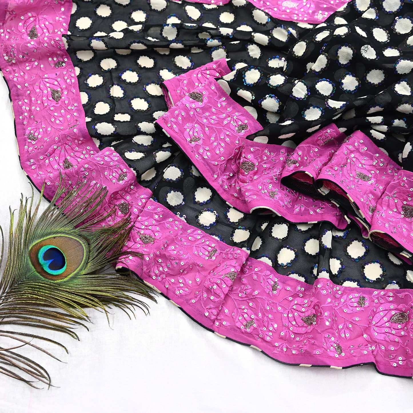 Indian Vintage Black Dupatta Pure Georgette silk Long Stole Hand Embroidered Scarves Stole Veil Wrap Sequins