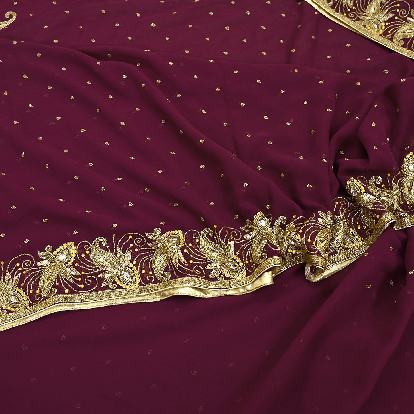 Indian Vintage Maroon Saree Georgette Hand Beaded Sari Fabric 5Yard Sewing Soft Ethnic Glass Beaded