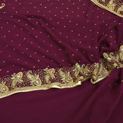 Indian Vintage Maroon Saree Georgette Hand Beaded Sari Fabric 5Yard Sewing Soft Ethnic Glass Beaded