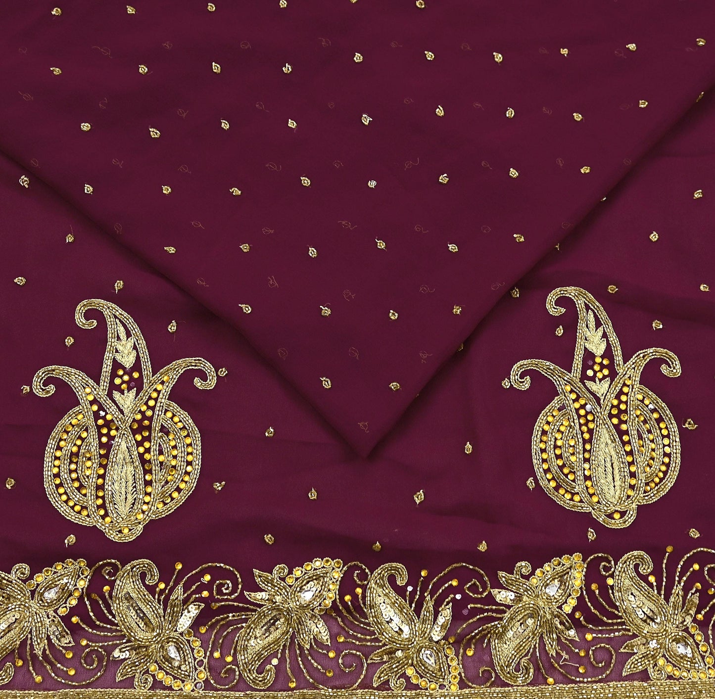 Indian Vintage Maroon Saree Georgette Hand Beaded Sari Fabric 5Yard Sewing Soft Ethnic Glass Beaded