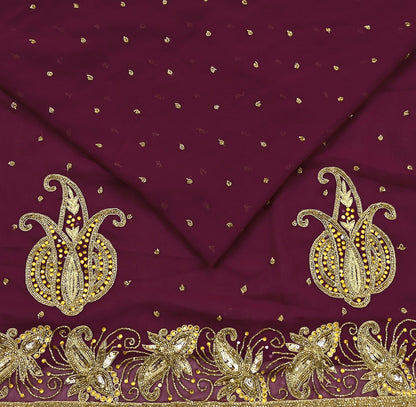 Indian Vintage Maroon Saree Georgette Hand Beaded Sari Fabric 5Yard Sewing Soft Ethnic Glass Beaded