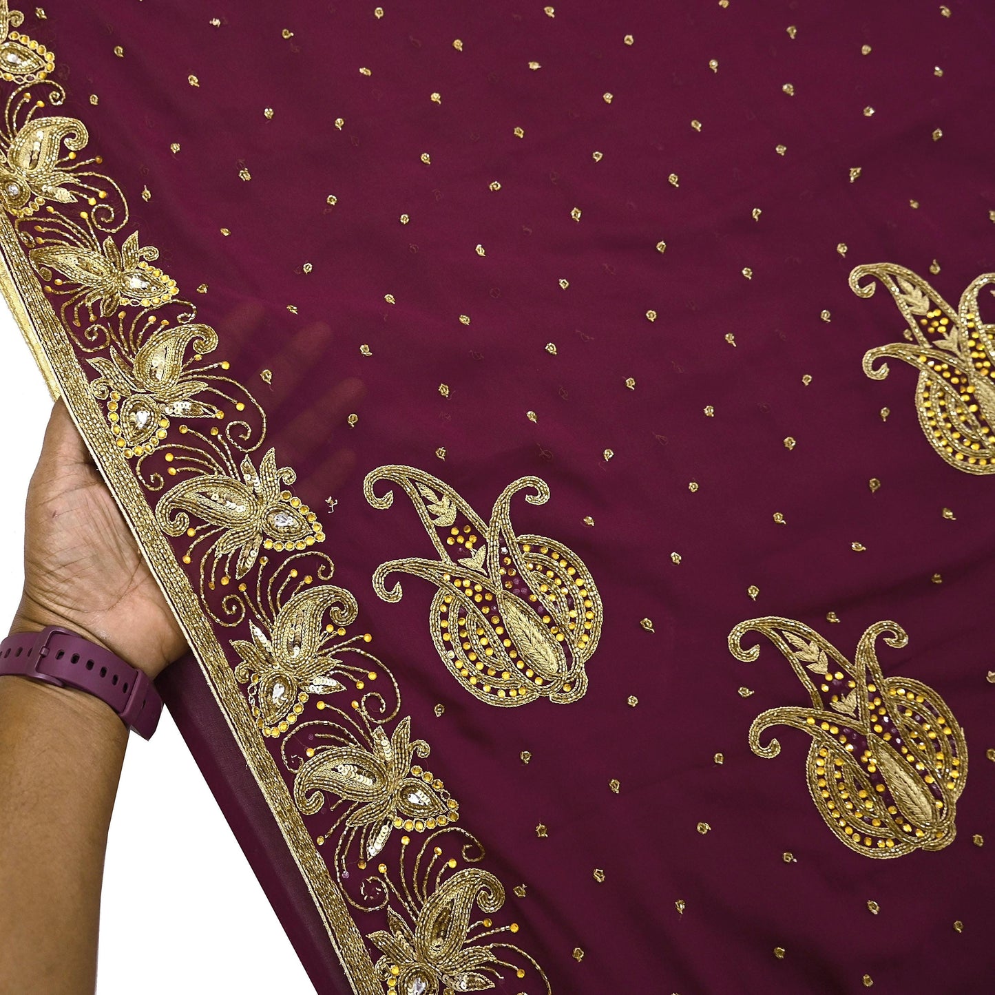 Indian Vintage Maroon Saree Georgette Hand Beaded Sari Fabric 5Yard Sewing Soft Ethnic Glass Beaded