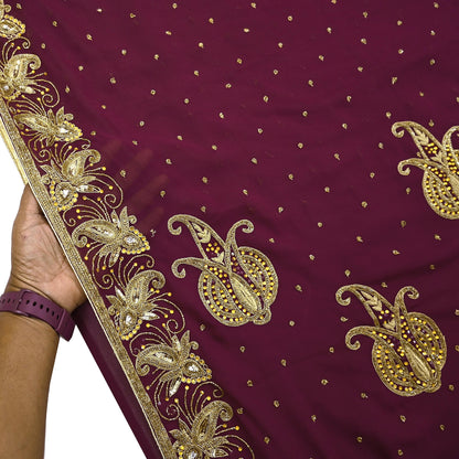 Indian Vintage Maroon Saree Georgette Hand Beaded Sari Fabric 5Yard Sewing Soft Ethnic Glass Beaded