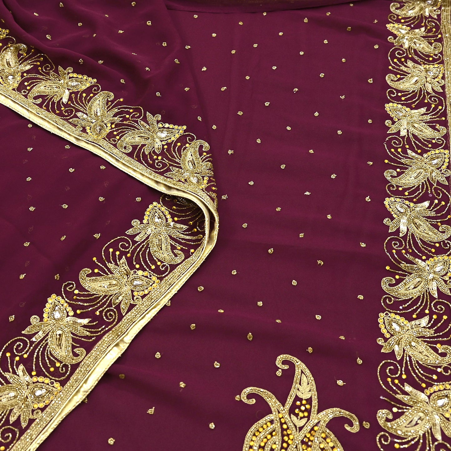 Indian Vintage Maroon Saree Georgette Hand Beaded Sari Fabric 5Yard Sewing Soft Ethnic Glass Beaded