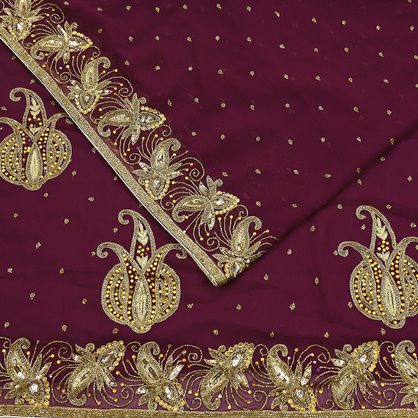 Indian Vintage Maroon Saree Georgette Hand Beaded Sari Fabric 5Yard Sewing Soft Ethnic Glass Beaded