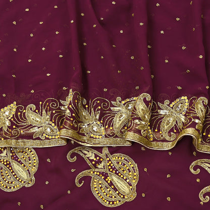 Indian Vintage Maroon Saree Georgette Hand Beaded Sari Fabric 5Yard Sewing Soft Ethnic Glass Beaded