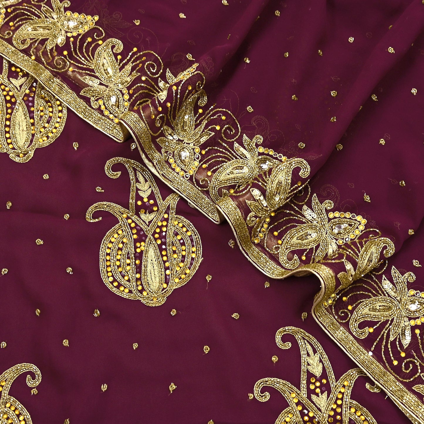 Indian Vintage Maroon Saree Georgette Hand Beaded Sari Fabric 5Yard Sewing Soft Ethnic Glass Beaded