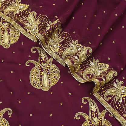 Indian Vintage Maroon Saree Georgette Hand Beaded Sari Fabric 5Yard Sewing Soft Ethnic Glass Beaded