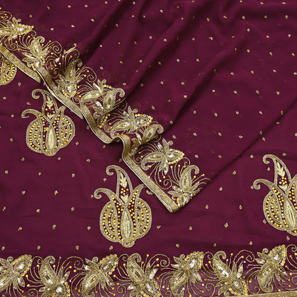 Indian Vintage Maroon Saree Georgette Hand Beaded Sari Fabric 5Yard Sewing Soft Ethnic Glass Beaded