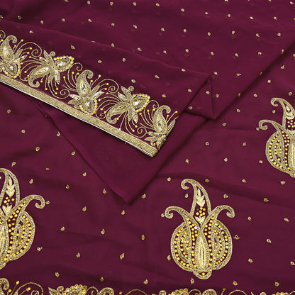 Indian Vintage Maroon Saree Georgette Hand Beaded Sari Fabric 5Yard Sewing Soft Ethnic Glass Beaded