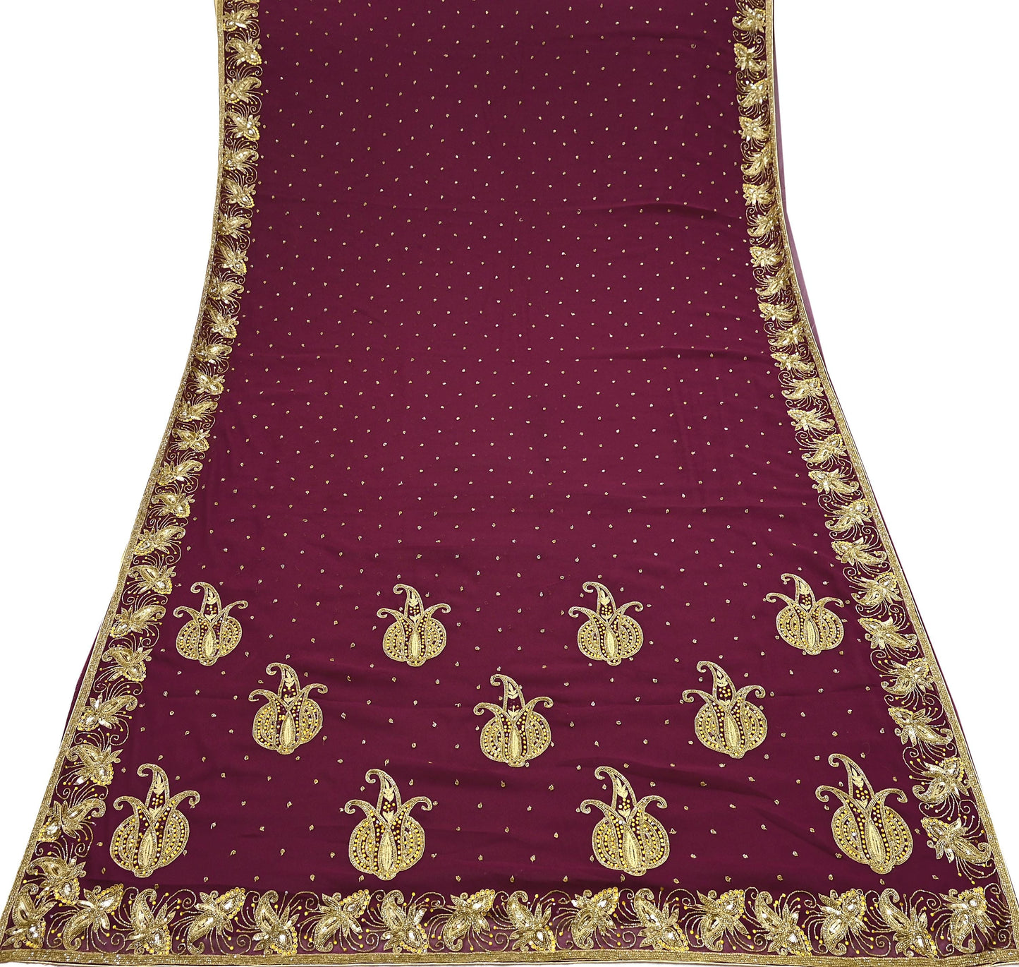 Indian Vintage Maroon Saree Georgette Hand Beaded Sari Fabric 5Yard Sewing Soft Ethnic Glass Beaded