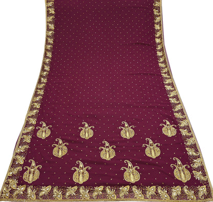 Indian Vintage Maroon Saree Georgette Hand Beaded Sari Fabric 5Yard Sewing Soft Ethnic Glass Beaded