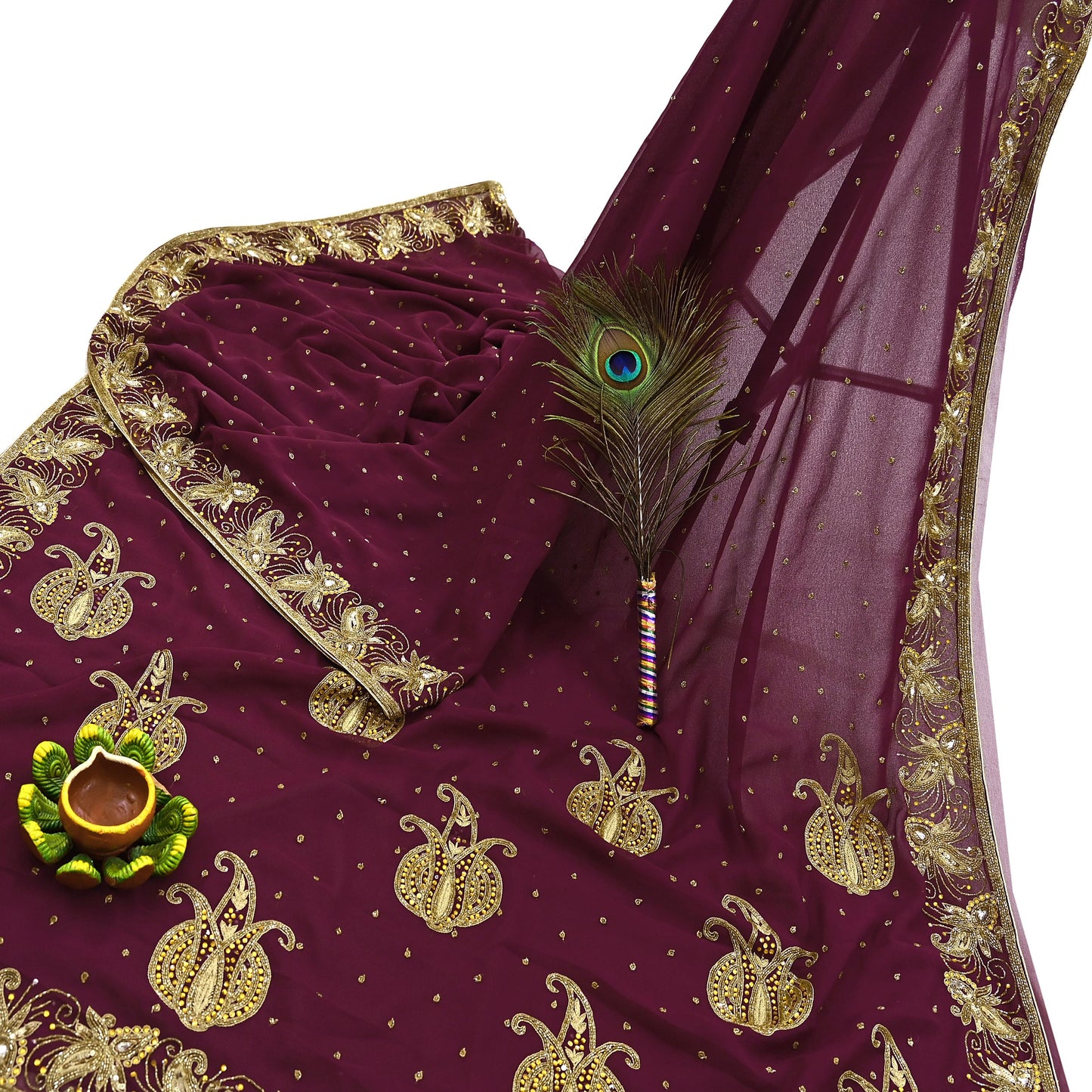 Indian Vintage Maroon Saree Georgette Hand Beaded Sari Fabric 5Yard Sewing Soft Ethnic Glass Beaded