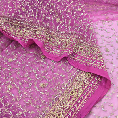Indian Vintage Heavy Saree Purple Net/Mesh Hand Embroidered Sari Fabric 5Yd Sewing Soft Zardozi/Dabka Zari Sequins Wedding net sarees