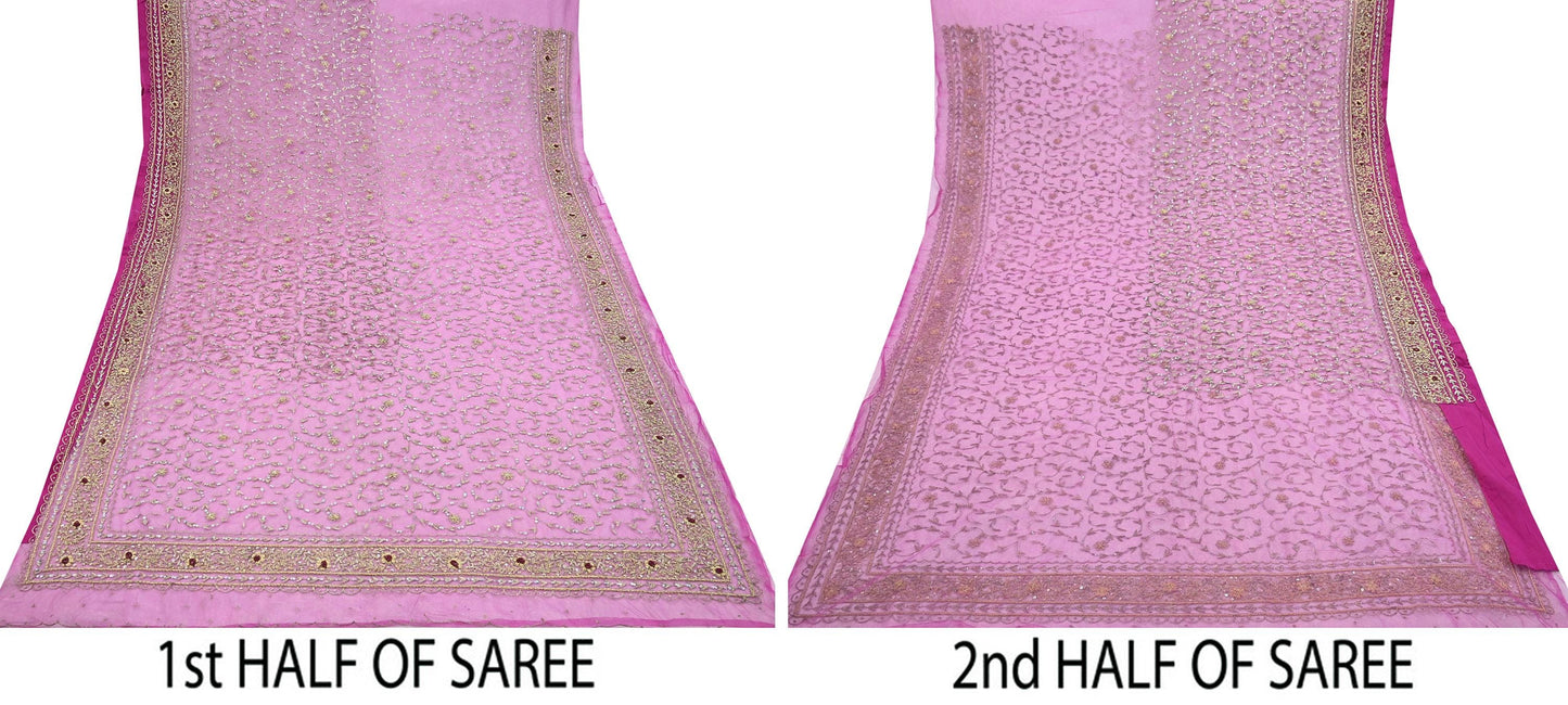 Indian Vintage Heavy Saree Purple Net/Mesh Hand Embroidered Sari Fabric 5Yd Sewing Soft Zardozi/Dabka Zari Sequins Wedding net sarees