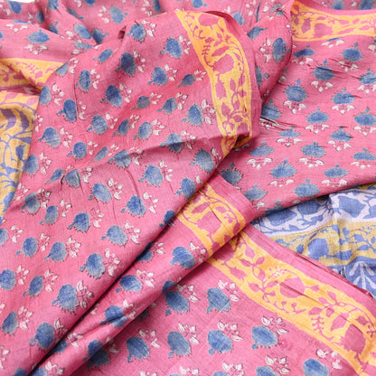 Indian Vintage Peach & Gray Saree Pure Khadi Silk Handloom Printed Sari Fabric 5yard Ethnic Wear Sari Floral