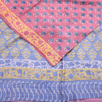 Indian Vintage Peach & Gray Saree Pure Khadi Silk Handloom Printed Sari Fabric 5yard Ethnic Wear Sari Floral