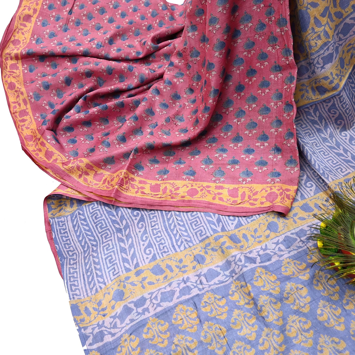 Indian Vintage Peach & Gray Saree Pure Khadi Silk Handloom Printed Sari Fabric 5yard Ethnic Wear Sari Floral