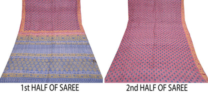 Indian Vintage Peach & Gray Saree Pure Khadi Silk Handloom Printed Sari Fabric 5yard Ethnic Wear Sari Floral