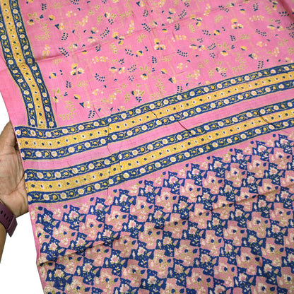 Indian Vintage Pink Saree Pure Khadi Silk Handloom Printed Sari Fabric 5yard Ethnic Wear Sari Floral