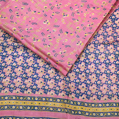 Indian Vintage Pink Saree Pure Khadi Silk Handloom Printed Sari Fabric 5yard Ethnic Wear Sari Floral
