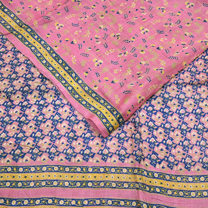 Indian Vintage Pink Saree Pure Khadi Silk Handloom Printed Sari Fabric 5yard Ethnic Wear Sari Floral