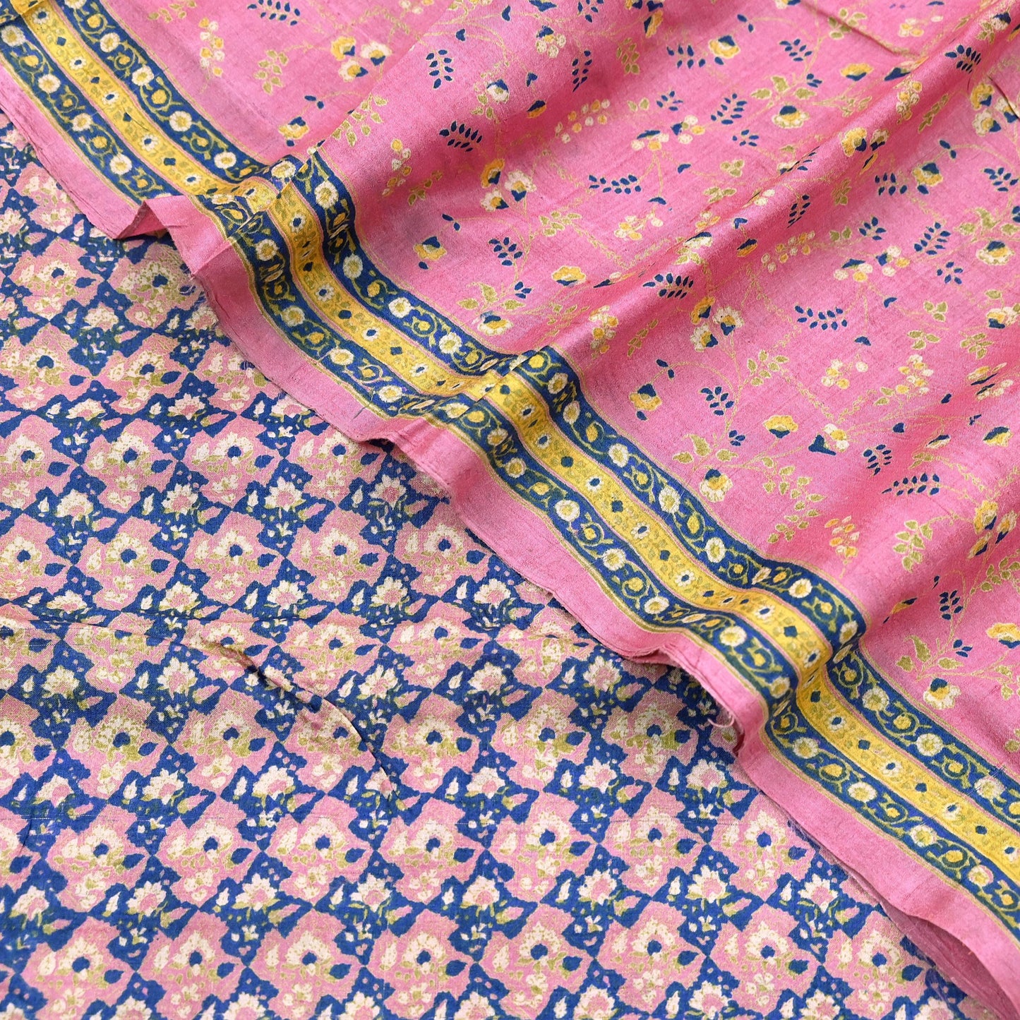 Indian Vintage Pink Saree Pure Khadi Silk Handloom Printed Sari Fabric 5yard Ethnic Wear Sari Floral