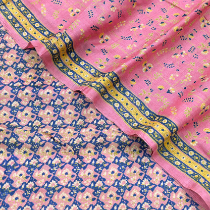 Indian Vintage Pink Saree Pure Khadi Silk Handloom Printed Sari Fabric 5yard Ethnic Wear Sari Floral