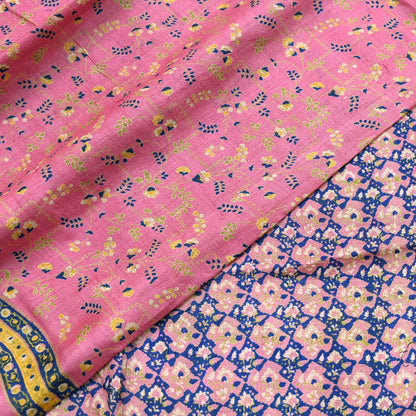 Indian Vintage Pink Saree Pure Khadi Silk Handloom Printed Sari Fabric 5yard Ethnic Wear Sari Floral