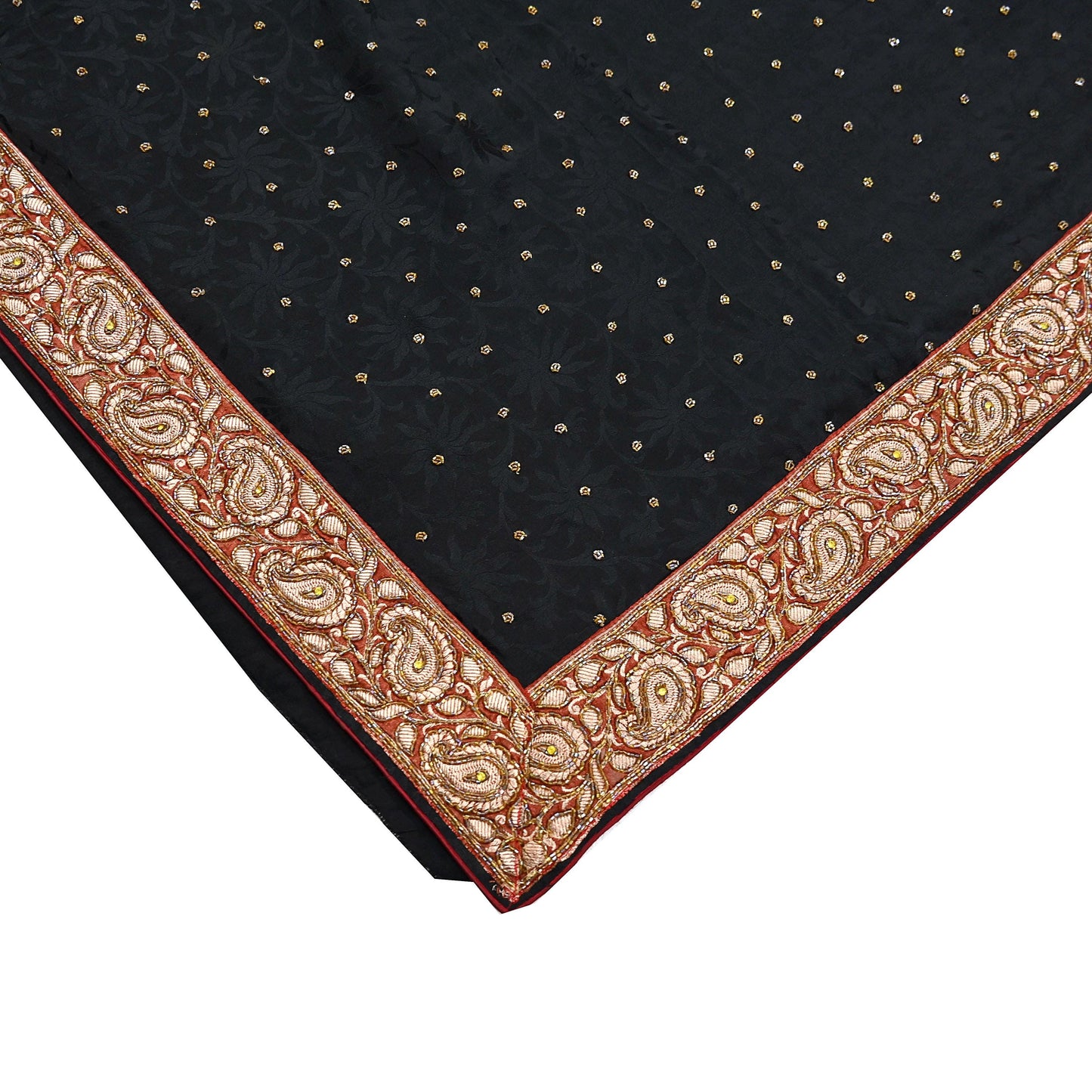 Indian Vintage Black Saree Pure Crepe Silk Hand Embroidered Sari Craft Fabric 5Yd Sewing Soft Border Dress making Quilting Crafting