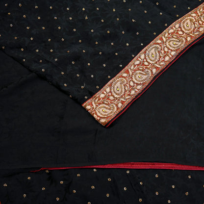 Indian Vintage Black Saree Pure Crepe Silk Hand Embroidered Sari Craft Fabric 5Yd Sewing Soft Border Dress making Quilting Crafting