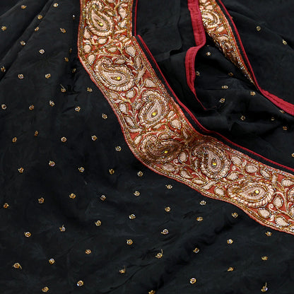 Indian Vintage Black Saree Pure Crepe Silk Hand Embroidered Sari Craft Fabric 5Yd Sewing Soft Border Dress making Quilting Crafting