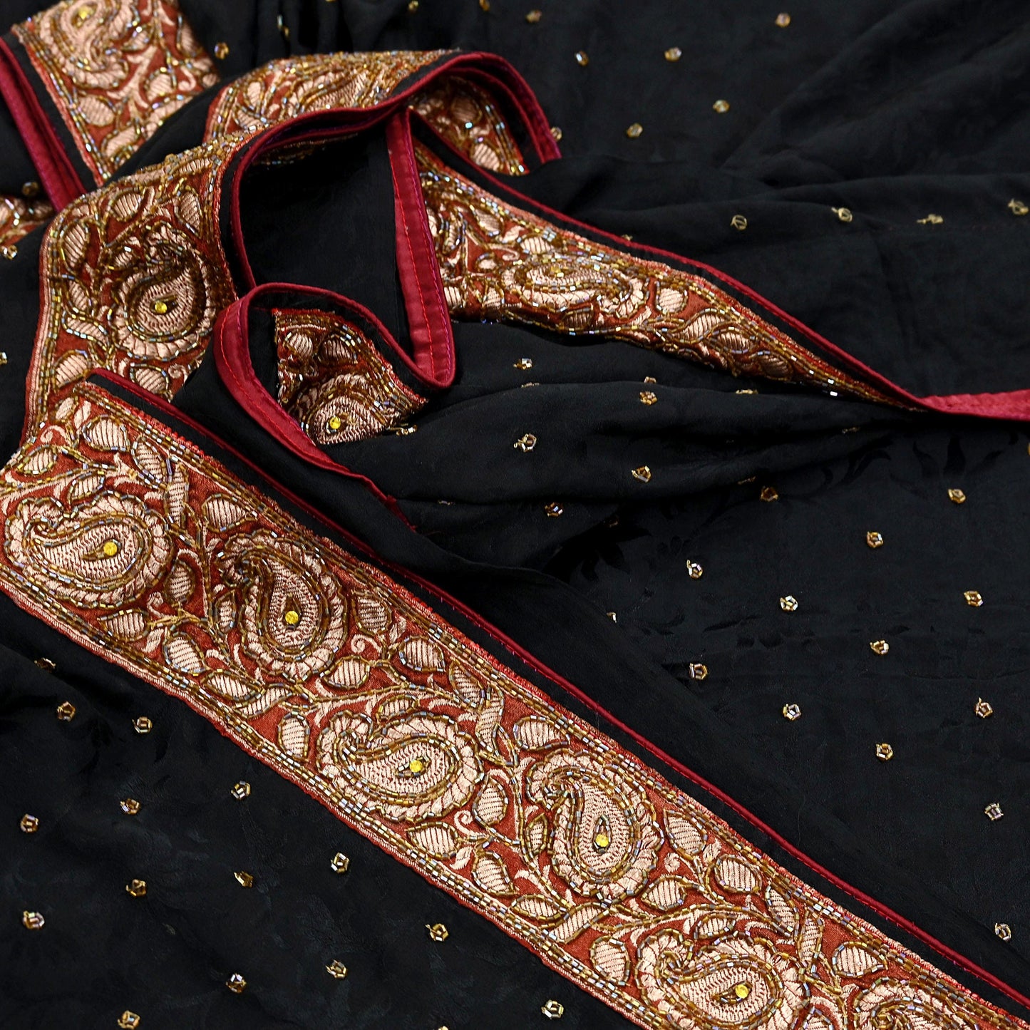 Indian Vintage Black Saree Pure Crepe Silk Hand Embroidered Sari Craft Fabric 5Yd Sewing Soft Border Dress making Quilting Crafting