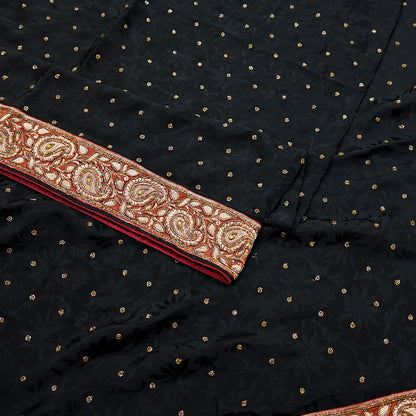 Indian Vintage Black Saree Pure Crepe Silk Hand Embroidered Sari Craft Fabric 5Yd Sewing Soft Border Dress making Quilting Crafting