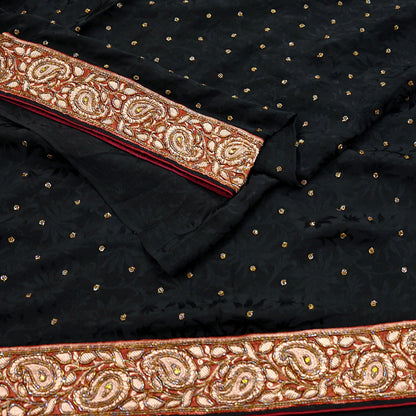 Indian Vintage Black Saree Pure Crepe Silk Hand Embroidered Sari Craft Fabric 5Yd Sewing Soft Border Dress making Quilting Crafting