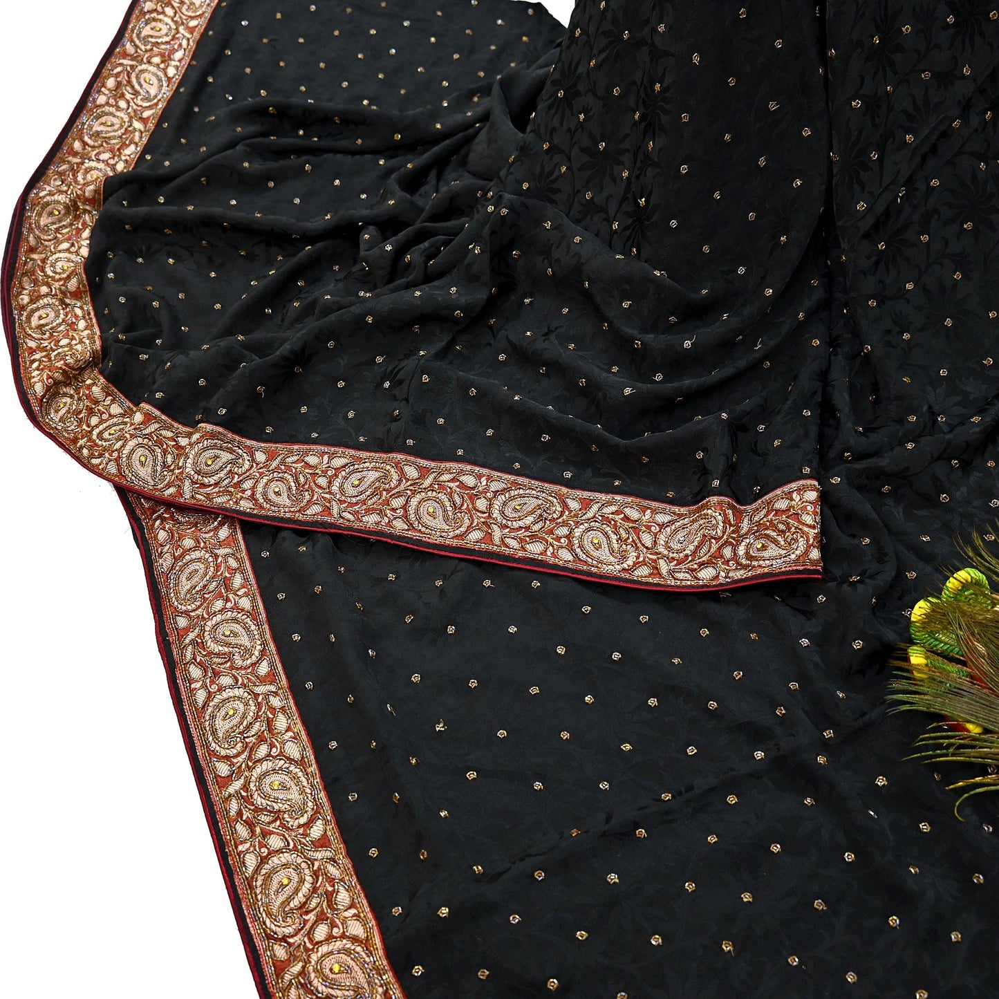 Indian Vintage Black Saree Pure Crepe Silk Hand Embroidered Sari Craft Fabric 5Yd Sewing Soft Border Dress making Quilting Crafting