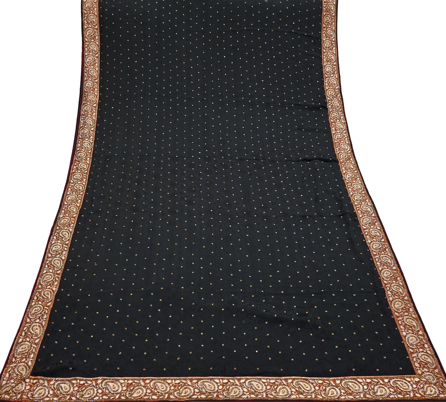 Indian Vintage Black Saree Pure Crepe Silk Hand Embroidered Sari Craft Fabric 5Yd Sewing Soft Border Dress making Quilting Crafting